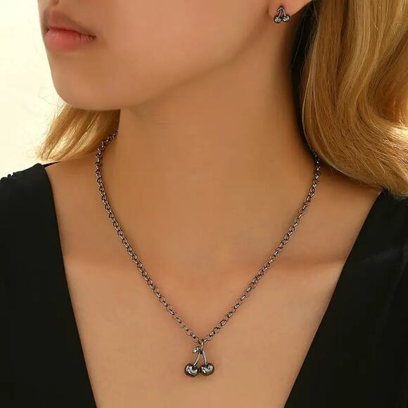 NEW 3 pc Vintage Black Cherry Necklace & Stud Earrings Set, y2k Cherry Bomb - Picture 4 of 4